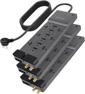 Power Strip Surge Protector - 12 AC Multiple Outlets & 8 ft Long Flat Plug Heavy Duty Extension Cord for Home, Office, Travel, Computer, Laptop & Phone Charging Brick (3,940 Joules), Pack of 3