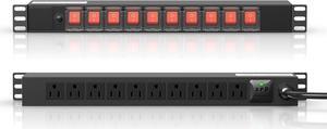10 Outlet Rack Mount Power Strips with Individual Switch,1U Rack Mount PDU Power Strip for Network Server Racks - Surge Protection - 110V/15A - w/ 6ft Power Cord