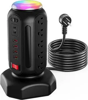 PD 30W Fast Charging Power Strip, with Surge Protector, RGB Night Light, 15 Outlets Power Tower, 2 Type C and 4 USB Ports, Space Saving, Retractable Extension Cord 6.5ft for Home (Black)