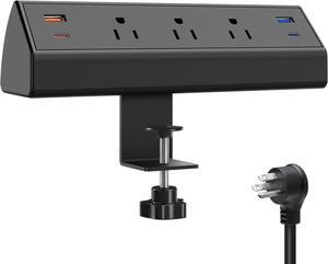Desk Clamp Power Strip with USB C,65W Fast Charging Station for iPhone 14 Pro Max iPad MacBook Air,Power Supply for Desk Edge Mount,3 Widely Spaced Outlets Surge Protector,6ft Cord (Black)