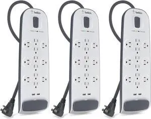 12-Outlet USB Power Strip Surge Protector, Flat Plug, 6ft Cord (3,996 Joules), White - Pack of 3