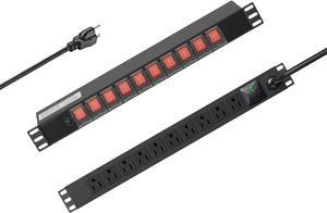 10 Outlet PDU Power Strip Surge Protector, 1U Rack Mount Power Strip 10 LED Independent Switch 6FT Power Cord, for Network Server Racks Data Centers, Black