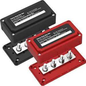 2pcs 300A Bus Bar Box Nickel Plated Brass Power Distribution Block with 4xM8 (5/16 inch) Positive Negative Ground Battery Junction Block Buss Bar with Cover DC12 24 48VRed & Black