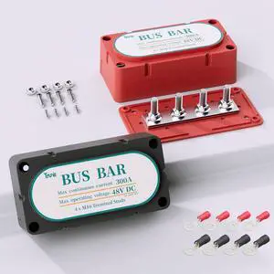 Block 300A Bus Bar 4 x 3/8" (M10) Studs 12V/24V/36V Max.48 Volt DC Bus Bar Terminal Block Waterproof for Automotive, RV, Solar Wiring(Pair, Red & Black)