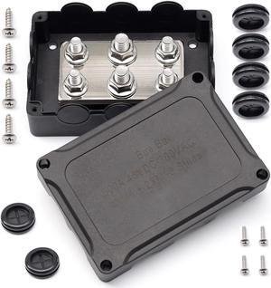 Power Distribution Block Bus Bar 500A, 4 Terminal Studs:M8*25,2 Screw Terminals: M10*25, 300V AC / 48V DC Waterproof upgrade, 3/8'' M10 Stud for Battery Marine Automotive RV Car Truck and more, Black