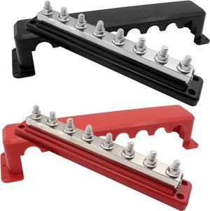 600A High Current Busbar 12-48V DC Heavy-Duty Nickel-Plated Copper Power Distribution Block 8xM10 (3/8") Terminal Studs with Cover Battery Bus Bar for Automobiles Boat RV Truck (Black&Red)