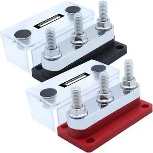 2pcs 600A Bus Bar 3 Stud (3/8 inch) M10 High Current Nickel Plated Copper Distribution Block Busbar Negative Electrical Battery Ground Buss Bar with Cover DC 12V 24V 48V (Red+Black)