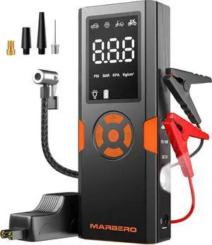 Portable Car Jump Starter with Air Compressor 4500A 12V MARBERO Portable Car Battery Booster Pack 10L Gas/8L Diesel 150PSI Auto Off Tire Inflator Jump Box with Digital Screen, Flashlight, Power Bank