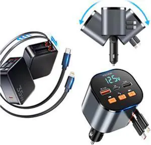 GaN Tech Retractable Wall Bluetooth Car Charger Bundle, 35W Travel Charger with Dual Cables & 30W PD Car Adapter with FM Transmitter, Hands-Free Calling, and LED Display  Ideal for iPhone, S