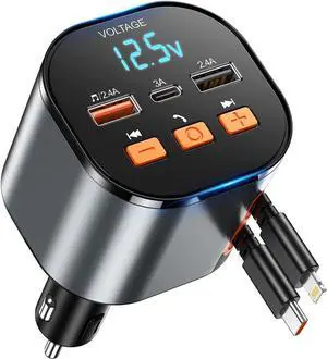Retractable PD 30W Type-C and for iPhone Charger with Bluetooth 5.3 Car Adapter, FM Transmitter, Hands-Free Calling, MP3 Player, LED Display, USB Support, Best Accessories Phone