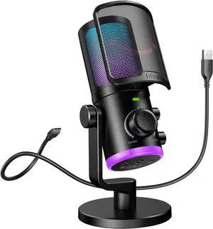 Gaming PC Microphone, USB Streaming Microphone with Game Chat Balance, Computer Condenser Desktop RGB Mic with Mute Button, Noise Cancellation for Podcast/Twitch/Discord-AMPLIGAME AM6