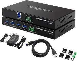 USB 3.2 & USB 3.0 Extender via Cat6a/7 100M/328FT, PoH Function - Only One Power Supply Required, 4-Port USB 3.2, RS232 & FSYNC Industrial Control, Keyboard Mouse USB Over Ethernet,Plug & Play,A Pair