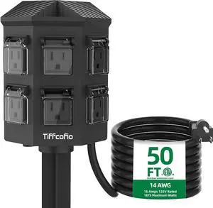 Outdoor Power Strip with Stake, 50 FT Extension Cord Waterproof, 6 Grounded Outlets for Outdoor Decorations, 14 AWG, 15A/1875W, ETL Listed