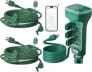 Outdoor Smart Plug, 6 Outlet WiFi Power Stake Light Timer and 2 Pack 25 FT Outdoor Extension Cord with Multiple Outlets