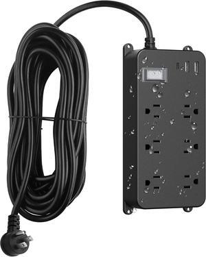 Outdoor Surge Protector Weatherproof,Mountable Power Strip with USB C,IPX6 Waterproof Extension Cord Multiple Outlet for Patio Accessories,6 Outlets and 3 USB Ports,25ft Cable,Flat Plug(2000 Joules)