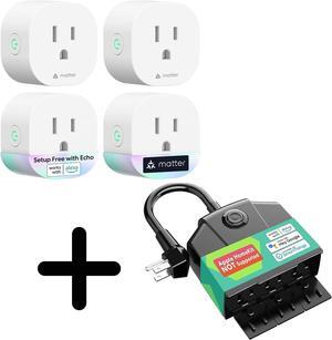 Matter Smart Plug Mini (4 Pack) + meross Outdoor Smart Plug, Outdoor Wi-Fi Outlet with 3 Sockets Independently Compatible with Alexa