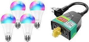 Smart Light Bulb 4 Pack Outdoor Smart Plug with 2 Grounded Outlets, Compatible with Alexa, SmartThings