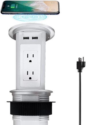 pop up Outlet Smart countertop Outlet with Wireless Charger,Include 4 US Plugs 2 USB C Charger,1.8M Power Extension Cord for Kitchen countertop(Silver) Room(Silver)