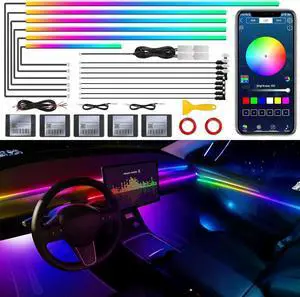 Acrylic Interior Car LED Strip Light with Wireless APP, RGB 18 in 1 with 175 inches 593 LEDs Fiber Optic Strip Lights for Car, Dynamic Chasing Music Sync Neon Car Ambient Lighting Kits