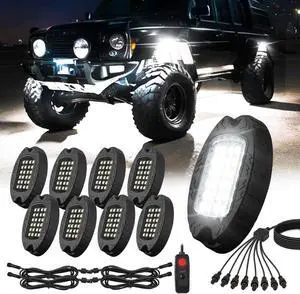 8 Pods Metal LED White Rock Lights for Jeeps Truck Trailer Offroad ATV SUV UTV RZR, Alloy 6000K 24 LEDs Pure White Neon Underglow Light with Switch Extension Harness Under Trail Rig Fender Lighting