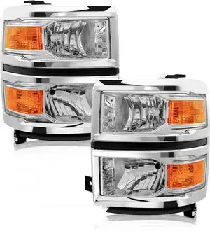 2014-2015 Chevy Silverado 1500 Pickup Headlights Assembly Halogen Factory OE Style Chrome Housing Replacement Driver and Passenger Side Pair