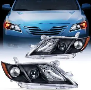 Headlight Assembly Compatible with 2007 2008 2009 Toyota Camry Headlamps Replacement Black Housing Amber Reflector Driver and Passenger Side