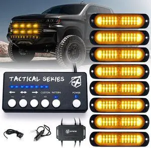 12 LED Surface Mount Strobe Lights Kit, Grill Grille Side Marker Light Flashing Emergency Warning Light Assemblies w/Control Box for Trucks Vehicles ATV RV Cars Van 8PCS