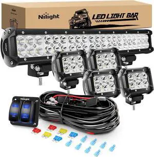 20Inch 126W Spot Flood Combo Led Light Bar 4PCS 4Inch 18W Spot LED Pods Fog Lights with LED Light Bar Wiring Harness Kit for Truck Tractor Off-Road Pickup Golf Cart SUV ATV UTV 4x4 Van Camper
