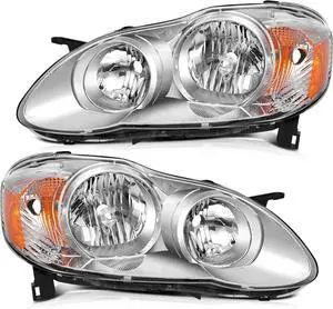 Headlight Assembly For Toyota Corolla 2003-2008 Chrome Housing Amber Reflector Clear Lens Driver and Passenger Side Headlamp