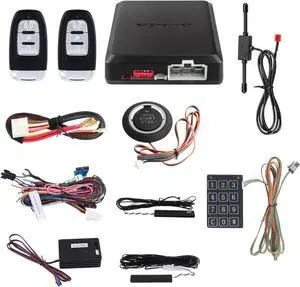 EC002-NS PKE Passive Keyless Entry Car Alarm System Remote Start Starter Push Start Stop Button Touch Password Entry Shock Sensor Alarm