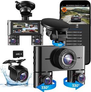 360 Dash Cam Front and Rear Inside, 4 Channel Dash Camera for Cars FHD 1080Px4, Built-in Wi-Fi, 3.16 IPS Screen, WDR Night Vision, Included 64GB Card, 24H Parking Mode