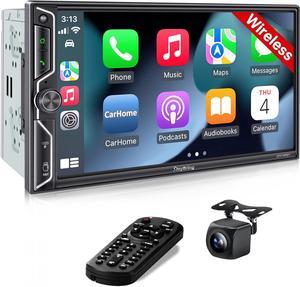 Double Din Car Radio with Wireless CarPlay and Android Auto, Bluetooth, 4.2-Channel Audio Output, MirrorLink, 7" HD QLED Touchscreen, Backup Camera, AM/FM Car Stereo