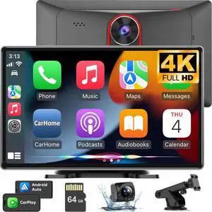 Wireless Car Play with 4K Dash Cam, 9'' Portable Carplay & Android Auto Car Stereo, Carplay Screen with 1080p Backup Camera, GPS Navigation/Mirror Link/Voice Control/Bluetooth/Touchscreen