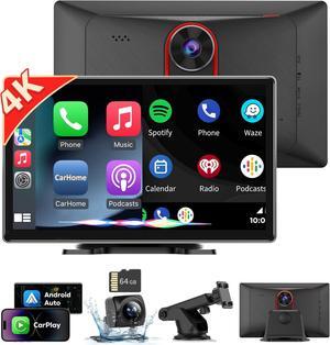 Portable Wireless Carplay Screen for Car, Android Auto Plug In Car Play Car Stereo Touchscreen, FM Transmitter Bluetooth, 4K Dash Cam, G-Sensor, Brightness Adjustment, 1080P Backup Camera