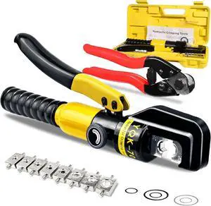 Hydraulic Crimping Tool and Cable Cutter Hydraulic Cable Lug Crimper 10 US TON 12 AWG to 00 (2/0) Electrical Terminal Cable Wire Tool Kit with 9 Die