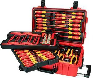 32800 Insulated Tool Set with Screwdrivers, Nut Drivers, Pliers, Cutters, Ruler, Knife and Sockets in Rolling Tool Case, 10,000 Volt Tested and 1000 Volt Rated, 80-Piece Set