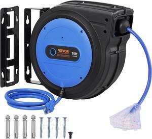 75FT Retractable Extension Cord Reel, 14AWG/3C SJTOW Heavy Duty Power Cord w/Lighted Electrical Triple Tap Outlets, 13A Circuit Breaker,180° Swivel Bracket for Workshop or Garage, Blue
