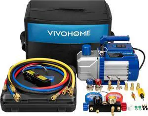 110V 1/3 HP 4.5CFM Single Stage HVAC Vacuum Pump and 4 Way AC Manifold Gauge Set Kit with Leak Detector 5ft Hoses for R134a R12 R22 R502 R410a Air Conditioning Refrigeration Recharging