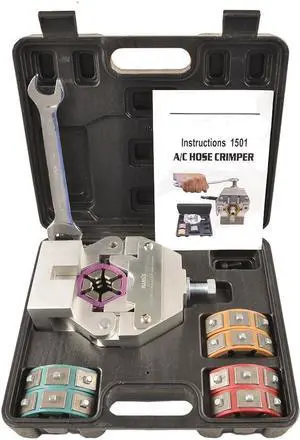 Manual A/C Hose Crimper Kit includes complete set of dies covering standard hose sizes #6, #8, #10 and #12, 71550, Black
