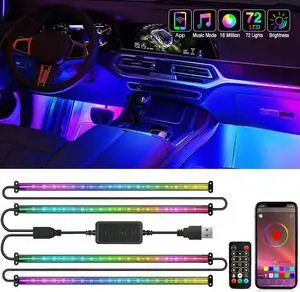 72 LED USB Interior Strip Lights Dream Color RGB-IC 12V DC with App RF Remote Control Multicolor Footwell Under Dash Chasing Inside Light Kits 2 Lines Music Sync Mode for Cars Truck ATV UTV