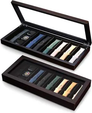 Watch Band Organizer Case for Men or Women Holder Watch Band, Wooden Watch Band Storage Box Compatible with Watch Bands and Accessories display(Ebony veneer 8 slot)