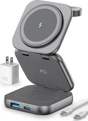 Wireless Charger for Magsafe, AC Island 5-in-1 Portable Charging Station, 15W Max Fast Foldable Magnetic Stand, Evolved for iPhone 15/14/13 Series, Watch S1-9/Ultra, AirPods (with 35W Adapter)