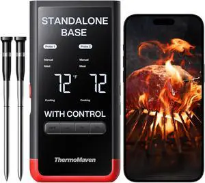 Wireless Bluetooth Smart Meat Thermometer: Standalone Base, WiFi Unlimited Range, 6 Sensors with NIST Certified Accuracy, 2 Probes, for BBQ, Grill, Oven, Smoker, Rotisserie (Red)