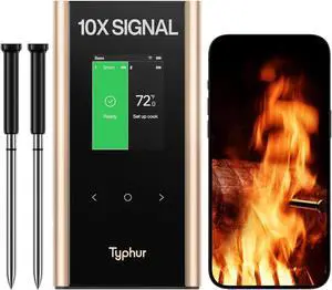 Gold Wireless Meat Thermometer Digital with Dual 10X Signal Probes, Ensuring No Lost Connection in Kamado Cookers, Featuring a Standalone Base for Quick and Easy Control