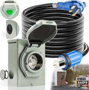 50 Amp Generator Cord and Power Inlet Box [Pre-Drilled], 50FT Generator Cords 50 Amp,125V/250V Generator Power Cord NEMA14-50P/SS2-50R Twist Lock Connector