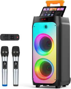 Karaoke Machine with 2 Wireless Microphones, Portable Bluetooth Karaoke Speaker for Outdoor, Big Party Speaker with Disco Lights for Gatherings, The Best Gifts for Christmas