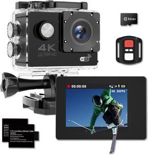 Action Camera 4K 30fps, 30m/98ft Ultra HD Waterproof Camera, 170° Wide Angle 2.0" Screen Underwater Cameras with WiFi, Sports Cameras with 2 Batteries, 32G SD Card, Mounting Accessories Kit