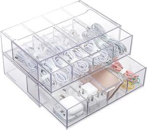 2 Pack Clear Plastic Cable Organizer Drawer with Adjustable Compartments and 40pcs of Wire Ties, Large Office Desk Accessories Electronics Cord Management Box
