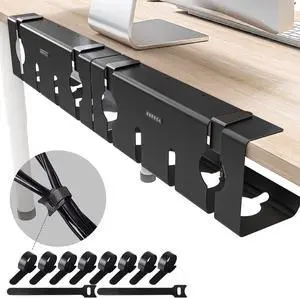 No Drill Under Desk Cable Management Tray, 17'' Wire Management, Punch-Free Clamp on, Metal Cable Tray, Wire Organizer Under Desk, Under Desk Basket for Office and Home, Black(2 Packs)