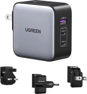 65W USB C Charger, Nexode 3 Port Travel Charger GaN Fast International Charger with US UK EU Plug, USB C Power Adapter for MacBook Pro/Air,  XPS, iPhone 16/15, iPad, Galaxy S24, Steam Deck